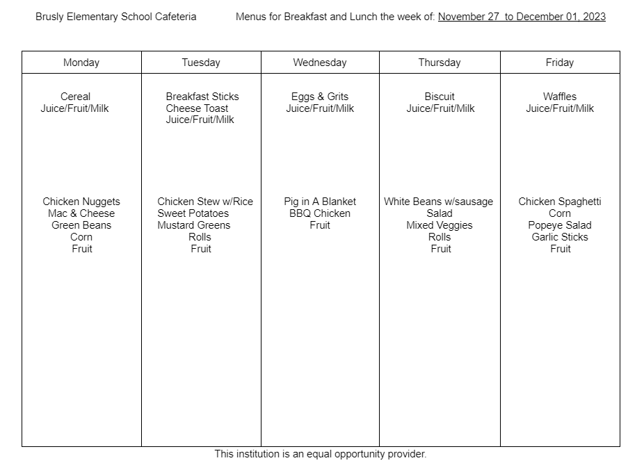 BES Food Menu: Week of November 27th