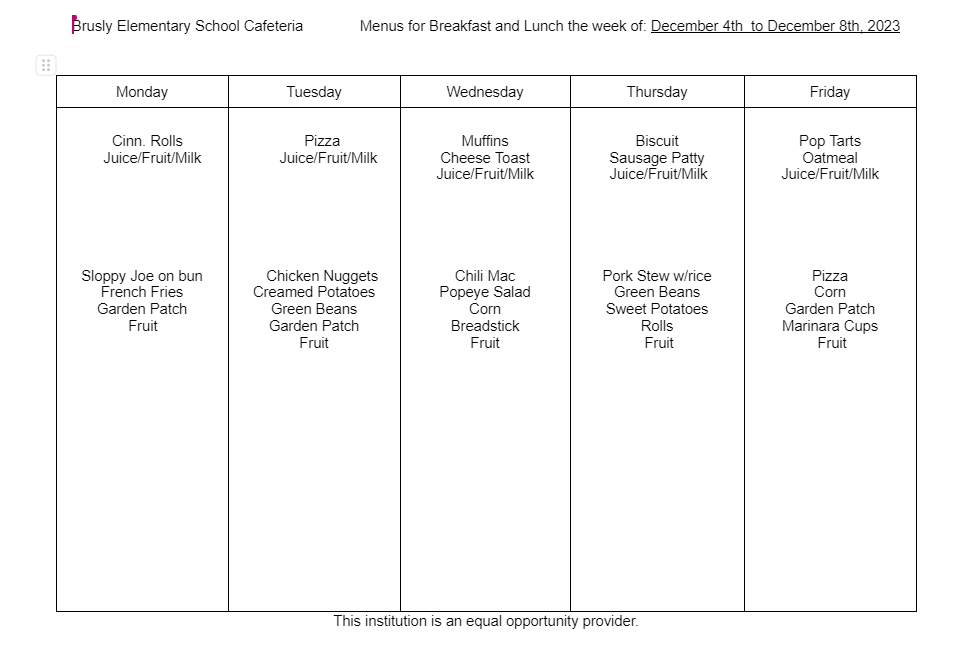 BES Food Menu: Week of December 4th