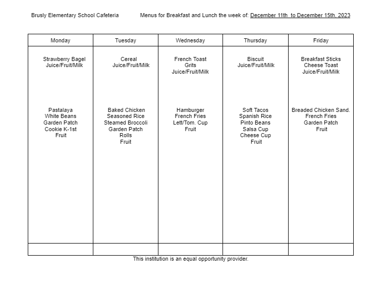 BES Food Menu: Week of December 11th