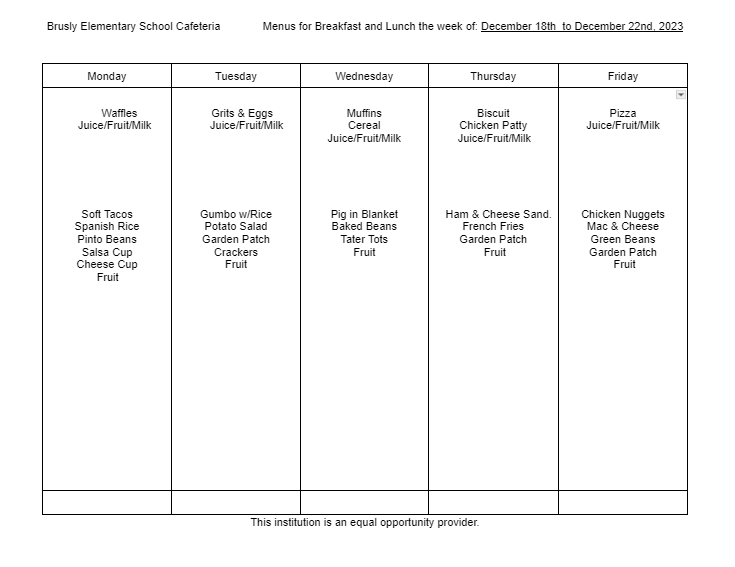 BES Food Menu: The week of December 18th