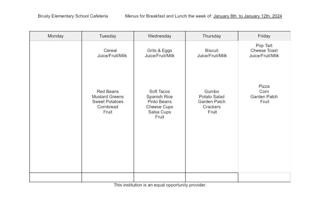 BES Food Menu: Week of January 8th-12th