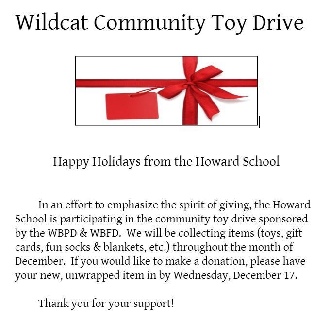 An image of a white gift in a red bow along with information about the WB police and fire department toy drive. 