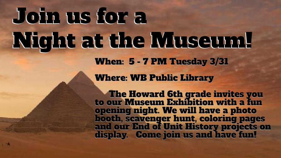 A background images of Egyptian pyramids with the Night and the Museum information printed int he foreground.