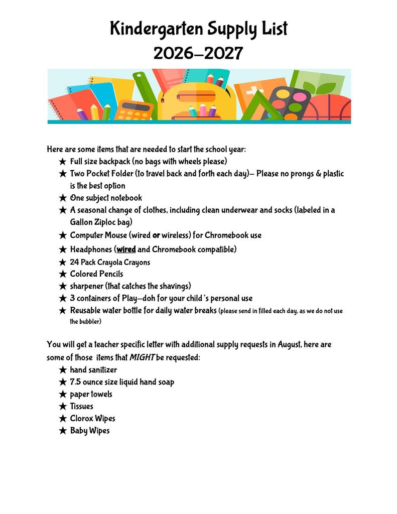Kindergarten Supply List  