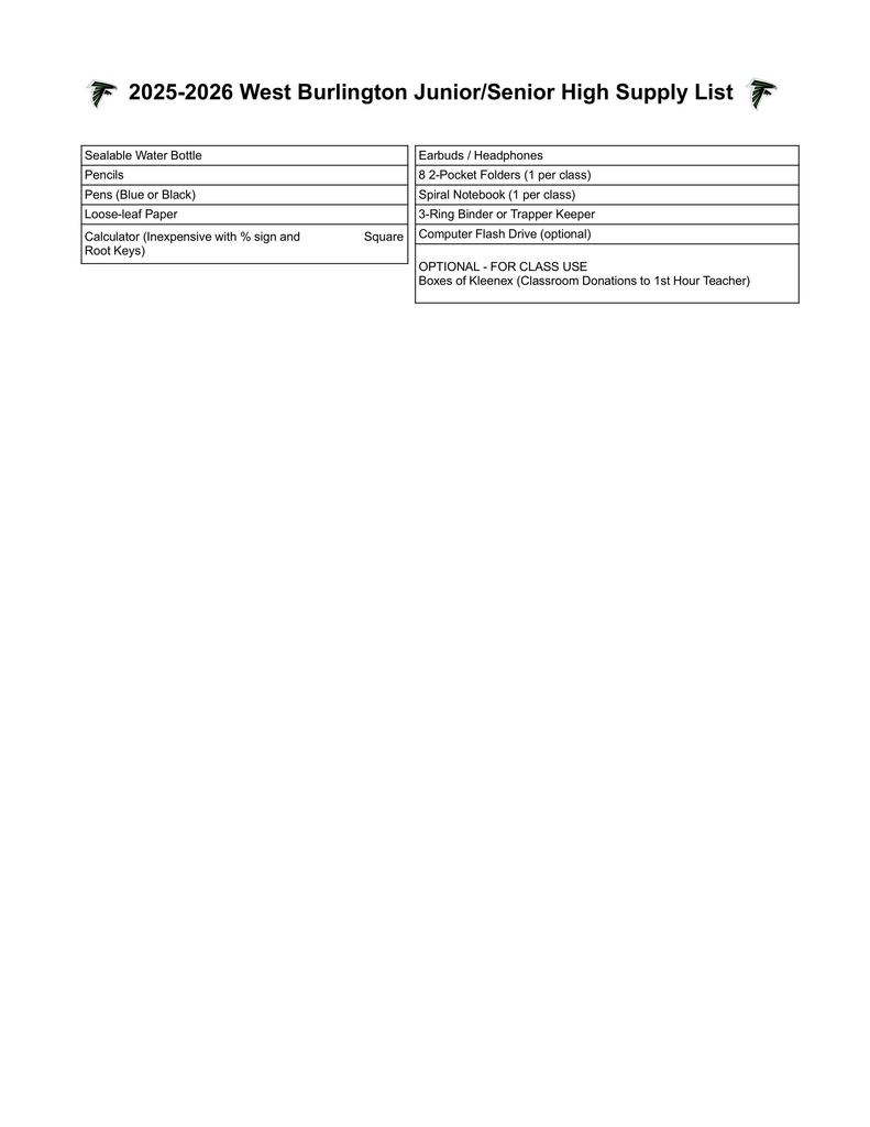25-26 Jr/Sr High School Supply List