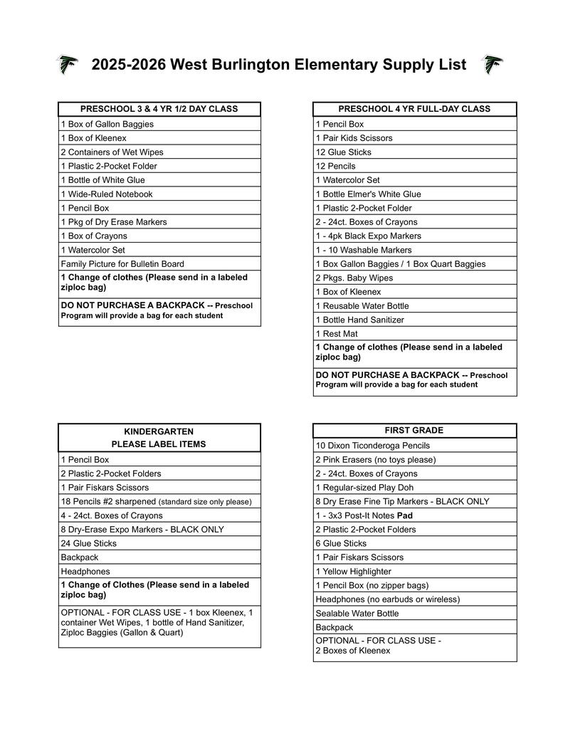 25-26 Elementary School Supply List Preschool - 1st Grade