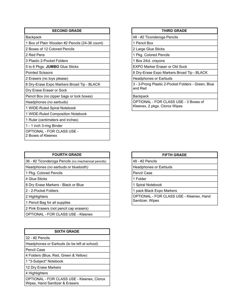 25-26 Elementary School Supply List Grades 2nd-6th