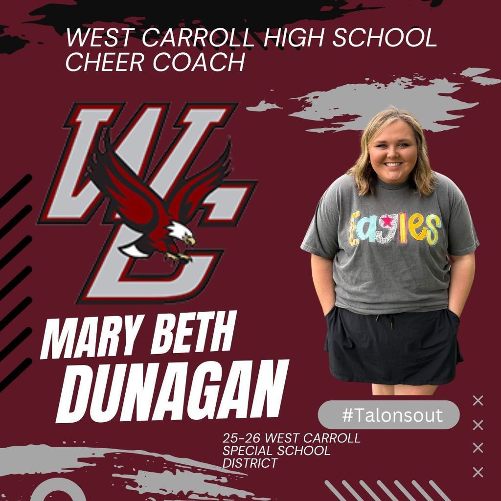 West Carroll High School Cheer Coach Mary Dunagan 2526WCSSD Talons Out - photo of coach on maroon background