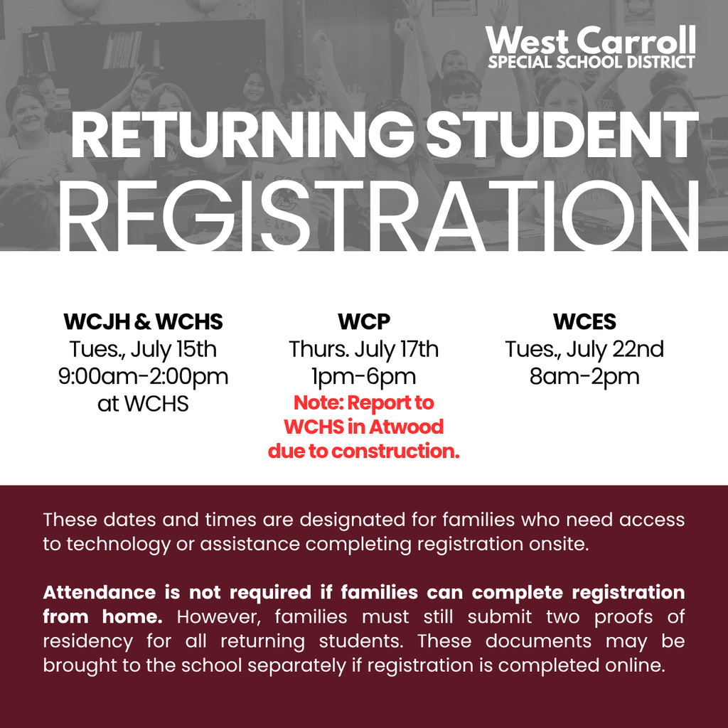 WCSSD Registration dates for each school