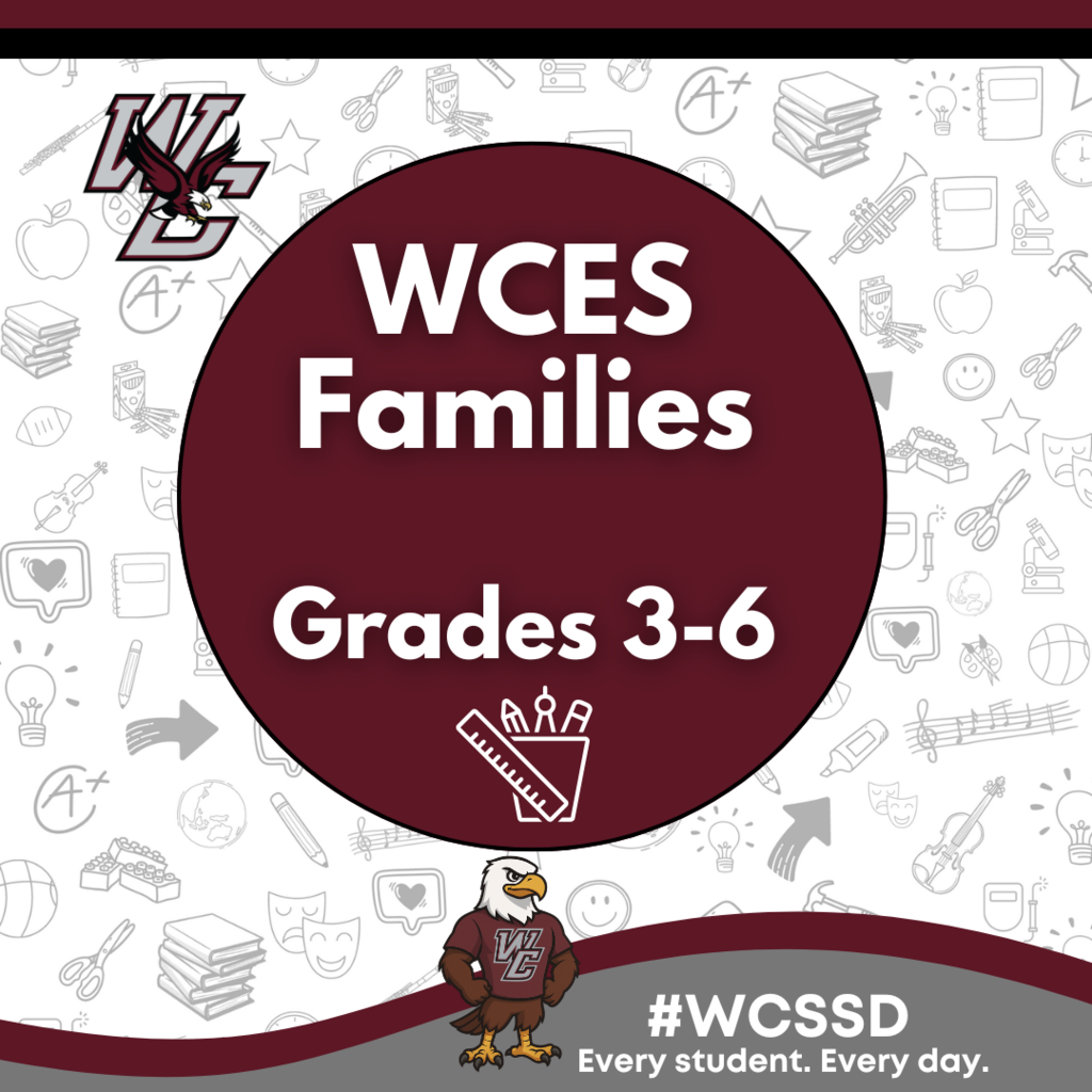 graphic with west carroll colors and swoosh in colors with cute eagle in wc shirt words are wces familes grades 3-6 wcssd every student every day.