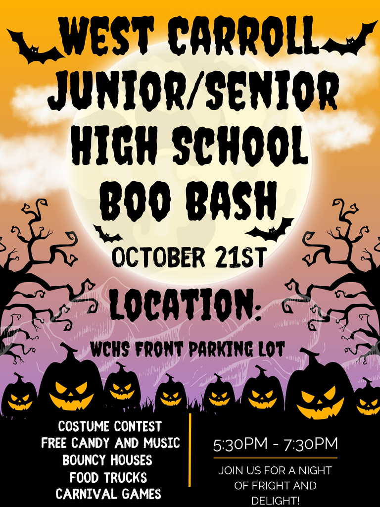 The image is a Halloween-themed event flyer for "Boo Bash 2025." The design includes spooky elements like spider webs, bats, a ghost, and Halloween colors (orange and black). The event details are prominent. Text Visible in the Image: Boo Bash 2025 Thursday, October 30 | 6–8 p.m. at WCCSSD Early Education Center Join us for Trunk or Treat, Games, and More! Costumes Encouraged!