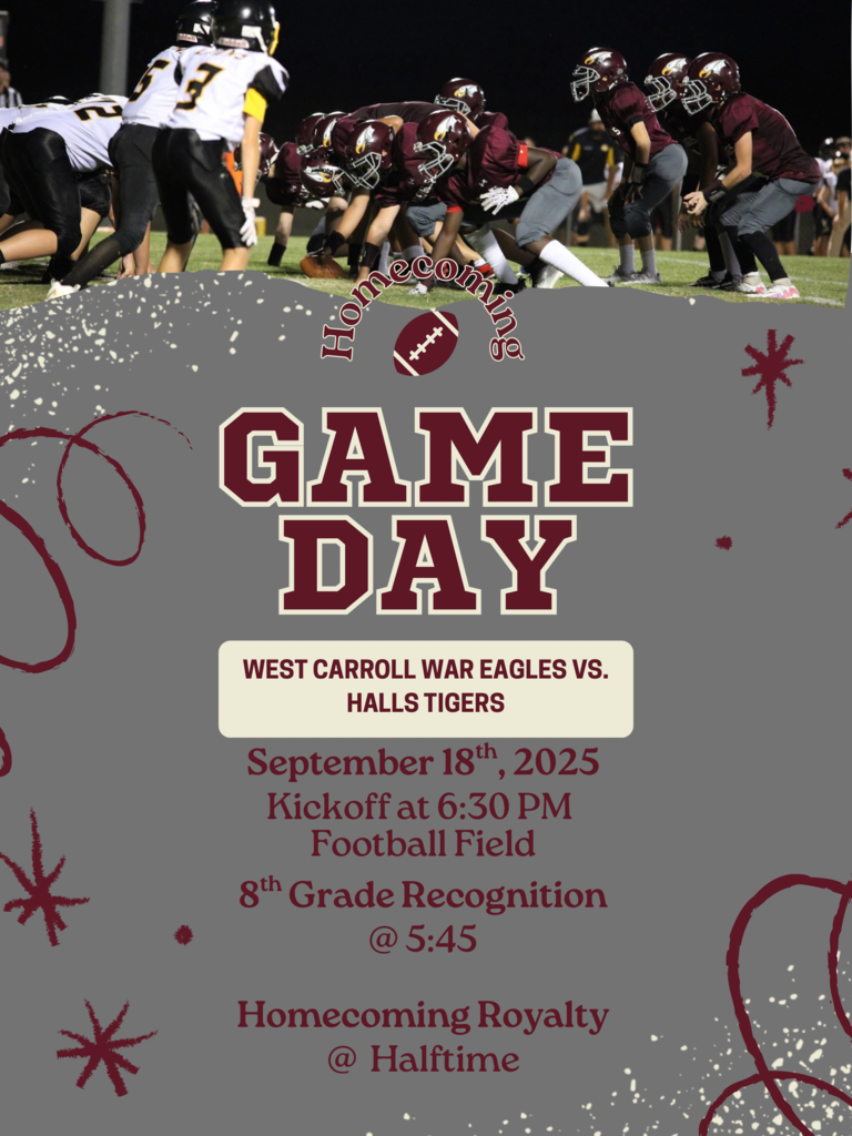 Jr. High Homecoming Advertisement Graphic with details about Jr. High Football Homecoming game vs. Halls Tigers this Thursday, September 18 at 6:30pm! 8th Grade Recognition at 5:45pm and Homecoming Royalty announced at halftime.