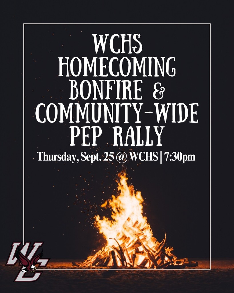 Alt Text: Graphic of West Carroll High School Homecoming week activities and dress up days. Alt Text: Graphic of WCHS Homecoming bonfire and community-wide pep rally. Thursday, Sept. 25 at WCHS starting at 7:30pm