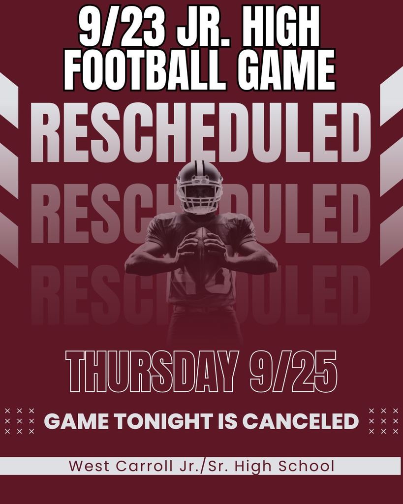 football player on maroon background anouncing the 9/23 game has been cancelled and rescheduled for Thursday 9/25