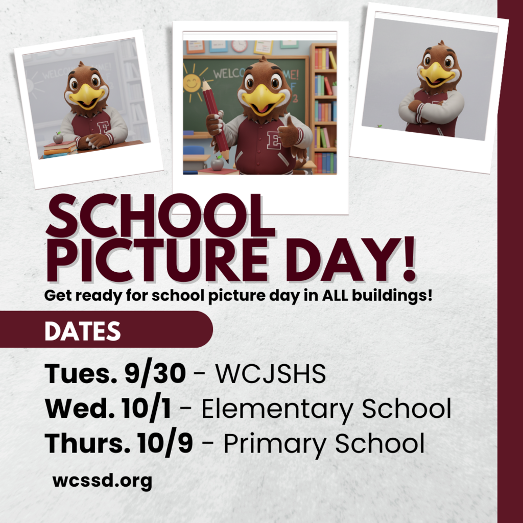 school picture day announcement with eagle mascot posing like students with dates and website refernce