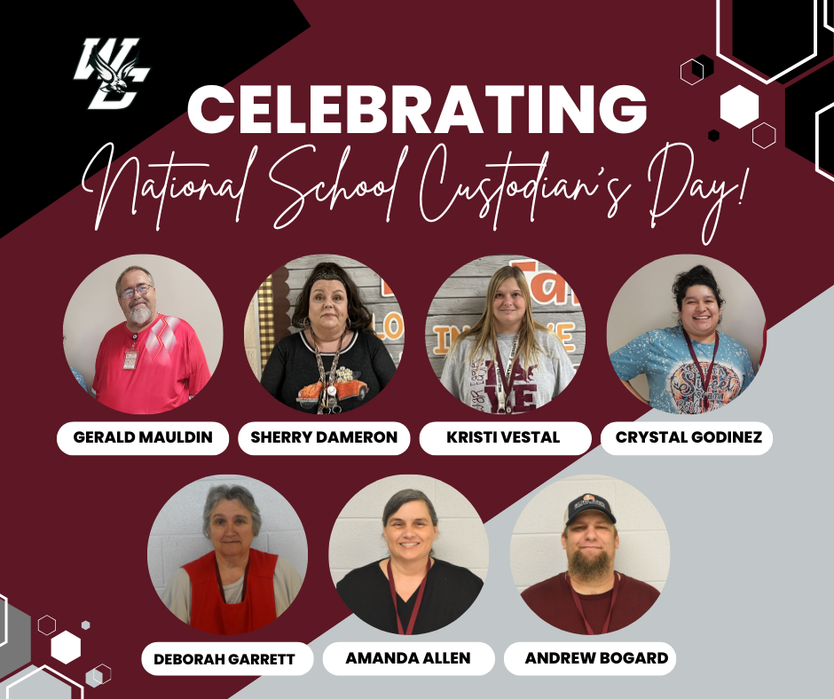 A photo graphic celebrating "National School Custodian's Day!" against a maroon and gray background. It features seven circular photos with the names of the WCSSD custodial staff: Gerald Mauldin, Sherry Dameron, Kristi Vestal, Crystal Godinez, Deborah Garrett, Amanda Allen, and Andrew Bogard.