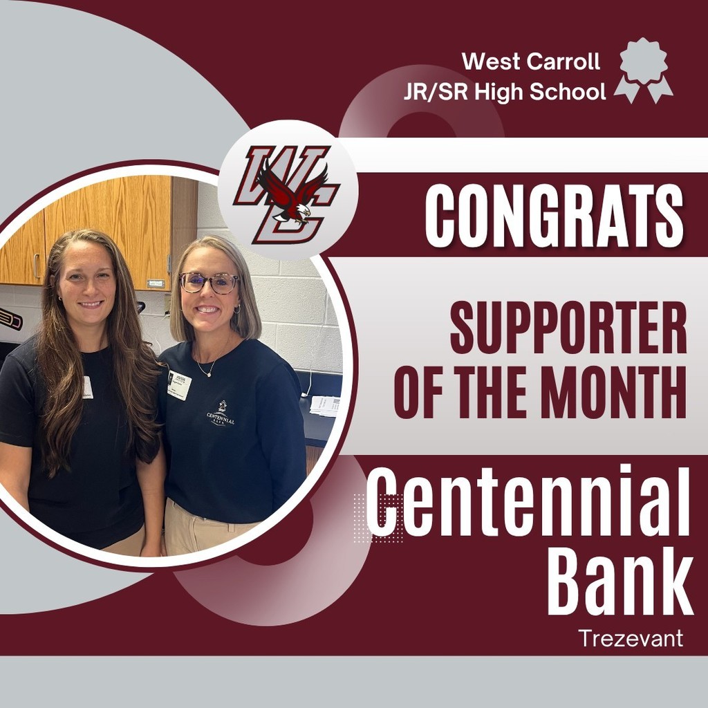👏 Supporter of the Month – Centennial Bank 👏 We’re proud to recognize Centennial Bank in Trezevant as West Carroll High School’s Supporter of the Month! From encouraging student success to showing up for our schools, their team truly models what it means to be a community partner. At WCSSD, we know strong schools grow through strong local relationships. We’re grateful for Centennial Bank’s continued investment in our students and staff. 💙 #SmallSchoolBigOpportunities #CommunityMatters #WCSSD #WestCarrollTN #SupporterOfTheMonth