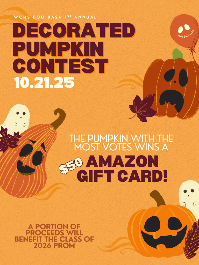 Flyer advertising the West Carroll Community Boo Bash Pumpkin Decorating Contest. The event will be held Saturday, October 12, in the West Carroll High School parking lot. Participants can bring decorated or carved pumpkins to be judged by people’s choice donations. The pumpkin with the most votes wins a $50 Amazon gift card. All proceeds benefit the Class of 2026 Prom. Pumpkins may be dropped off with Ms. Lewis at the high school on Monday or Tuesday during school, or before the Boo Bash on Tuesday night. Open to all students, staff, community members, clubs, and organizations. Flyer includes fall-themed graphics and pumpkin illustrations.