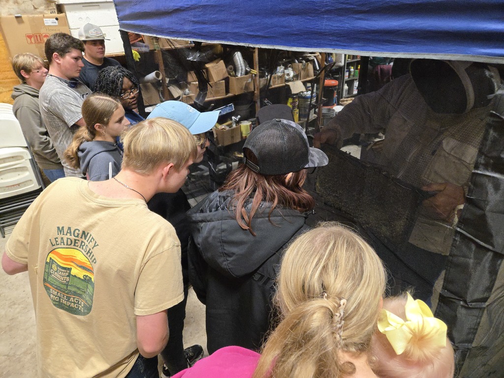 West Carroll students observing an enclosed tent with a beekeeper and honey bee production