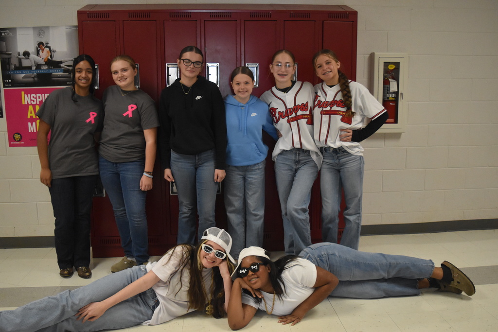 West Carroll Junior High students during Homecoming festivities. From L to R (standing): Mariska Anguiano, Ella Rogers, Brooklyn Brawley, Ally Clarke, Kinsley Newsome, Delaynie Bennett. From L to R (front row): Makinley Mills, Khloe Foster