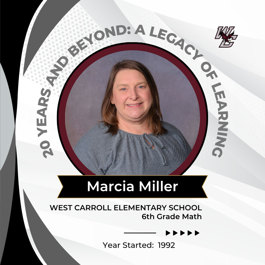 Graphic showing teacher marcia miller wcelementary school 6th math since 1992, a 20+ Year employee