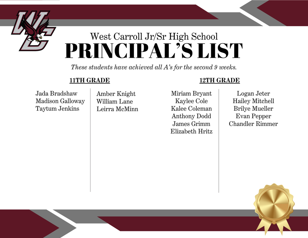 West Carroll Jr/Sr High School Principal List Including 11th grade: Jada Bradshaw, Madison Galloway, Taytum Jenkins, Amber Knight, William Lane, Leirra McMinn; 12th grade: Miriam Bryant, Kaylee Cole, Kaylee Coleman, Anthony Dodd, James Grimm, Elizabeth Hritz, Logan Jeter, Hailey Mitchell, Brilye Mueller, Evan Pepper, Chandler Rimmer.
