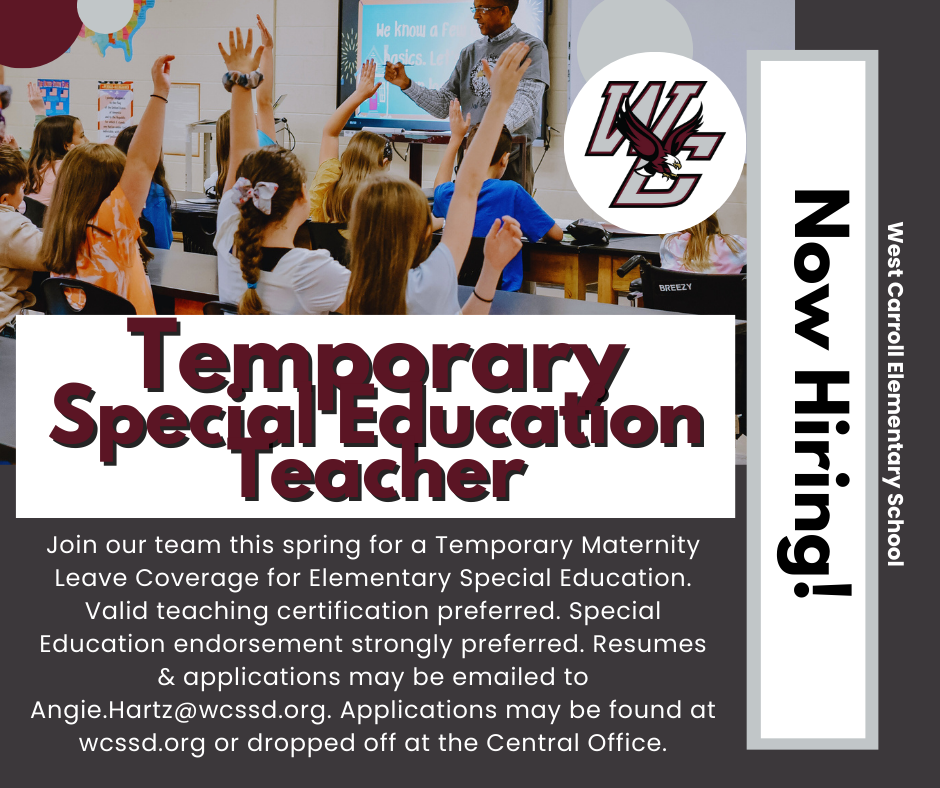 graphic stating we're hiring a temporary sped teacher for maternity leave.