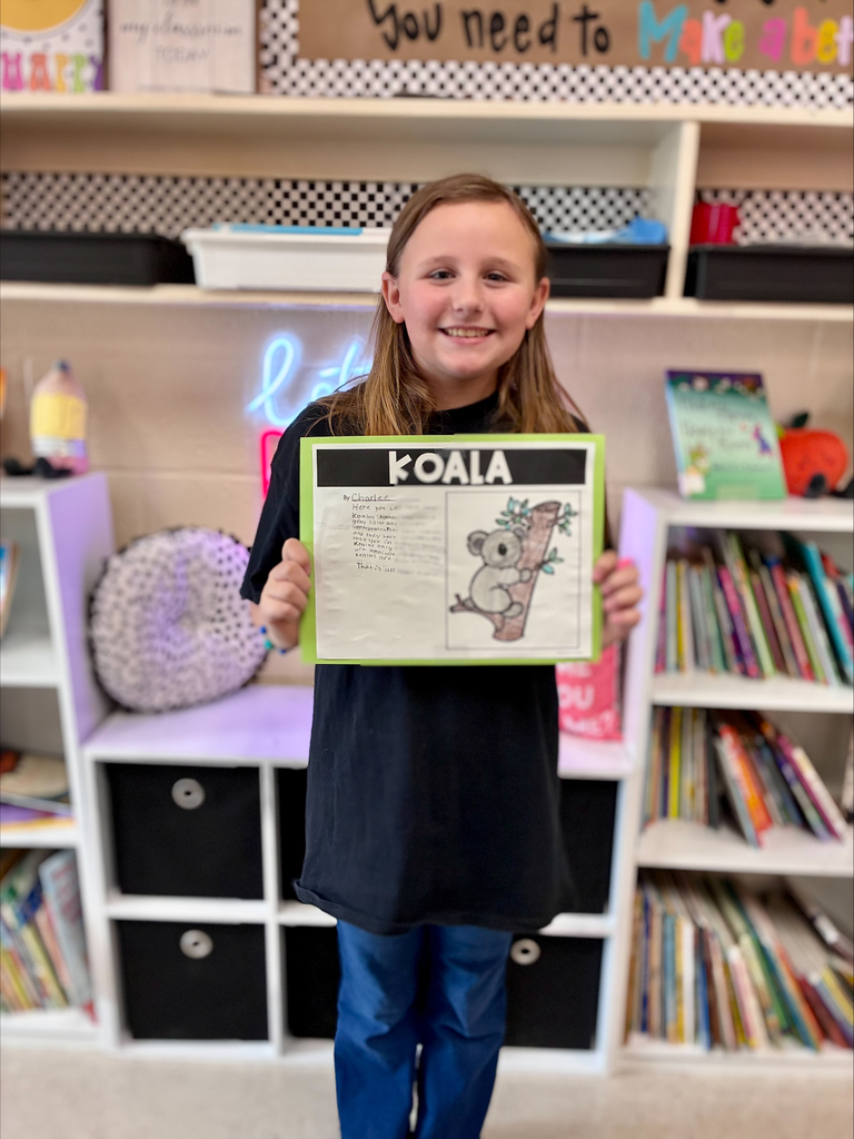 3rd grade animal adaptation projects with students displaying work