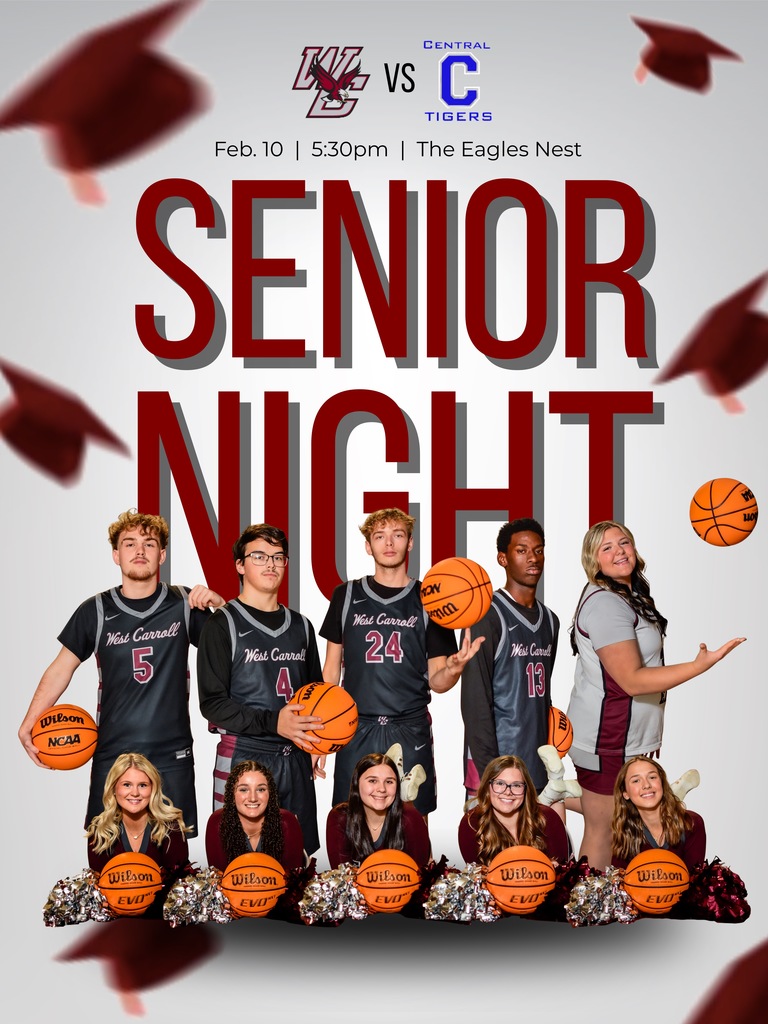 Senior night flyer featuring senior backetball and cheerleaders, promoting game on Feb 10 vs Central High at 5:30pm