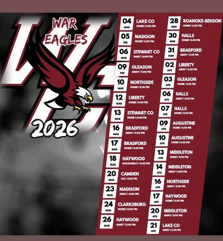 wchs baseball schedule for 2026 spring season