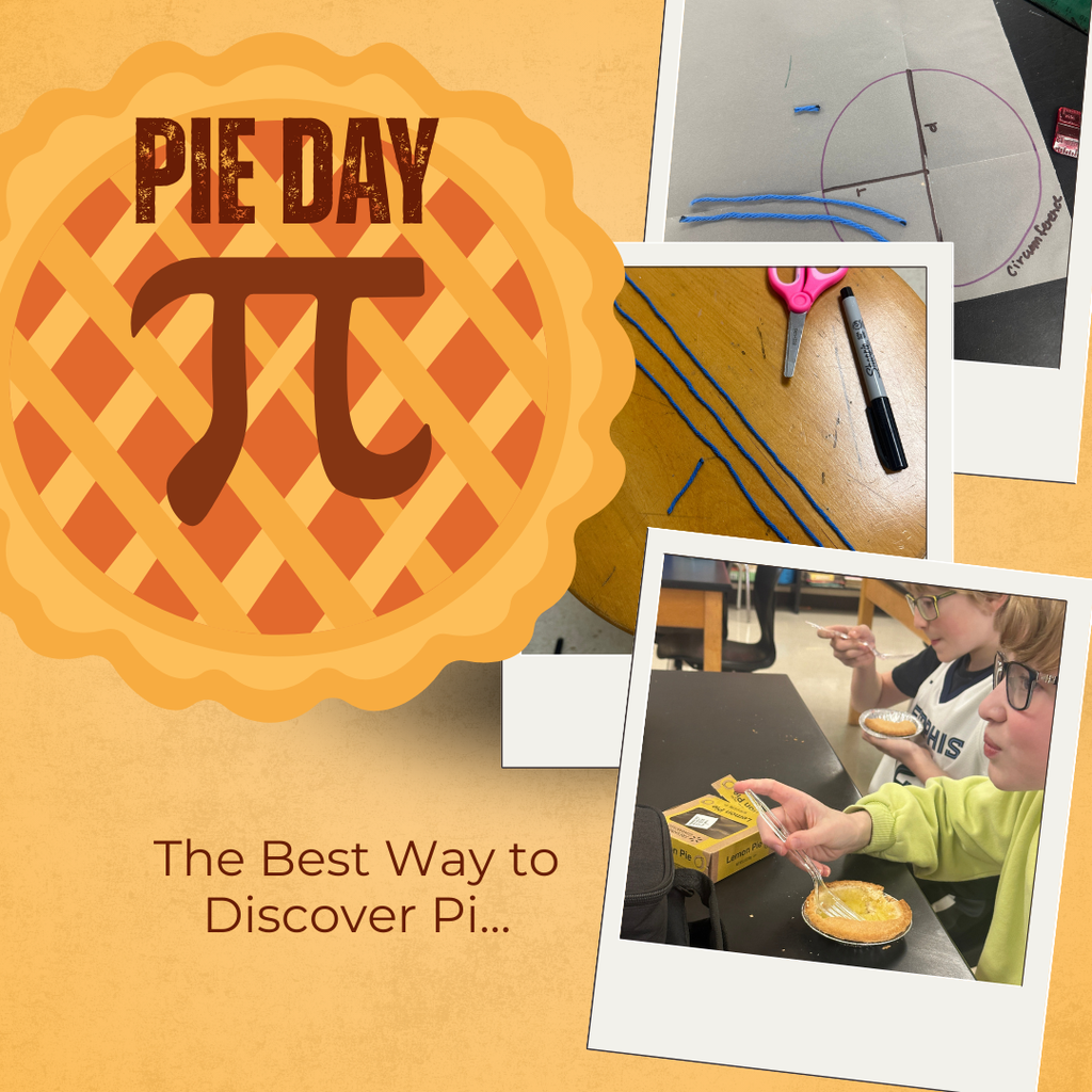 pi day graphic with title Pie Day The Best Way to Discover Pi, three photos of students eating pie, circles withstring showing diameter cut three and 1/7th times from circumference, and a circle diagram