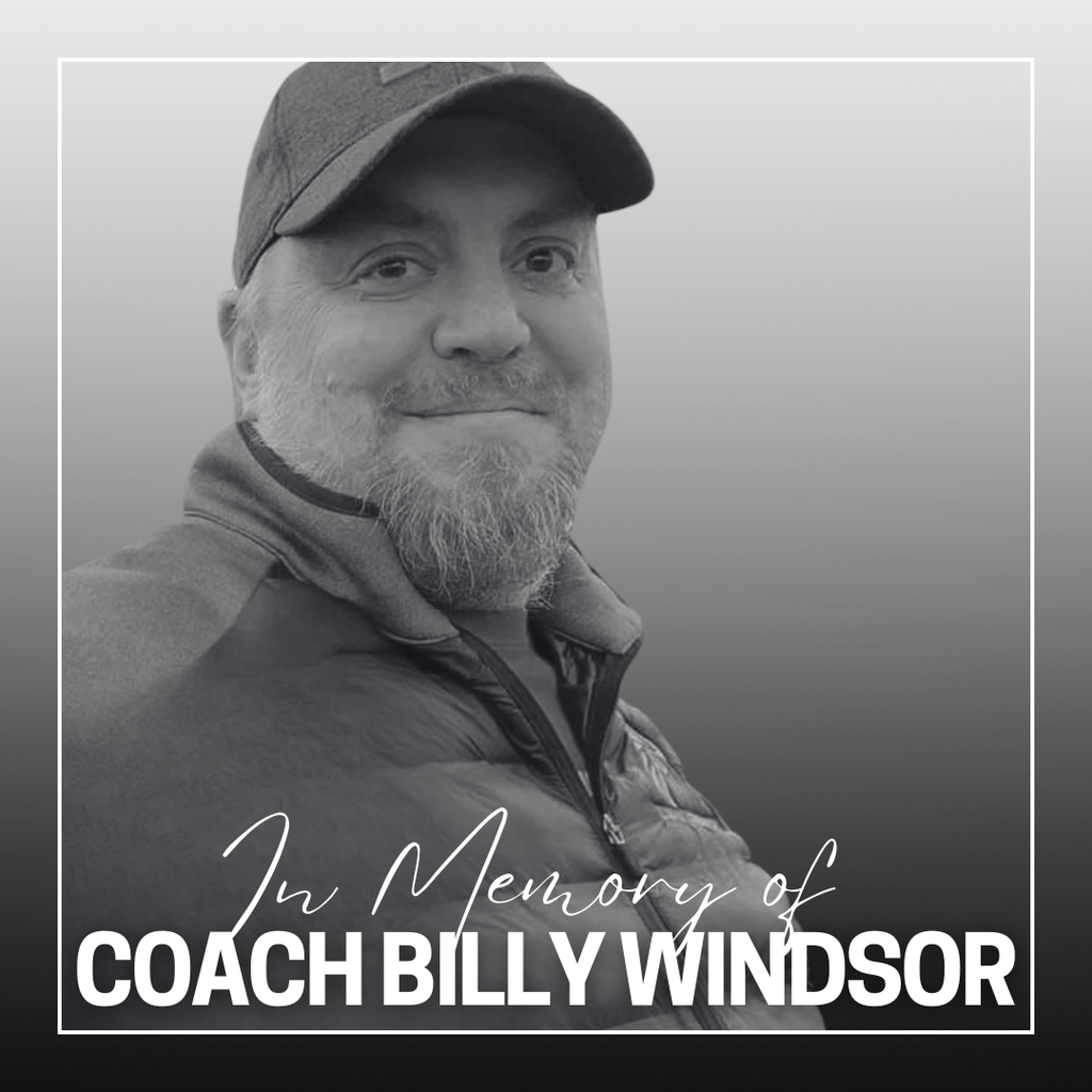 black and white graphic memorial that states "in memory of coach billy windsor" with image of coach windsor in black and white.