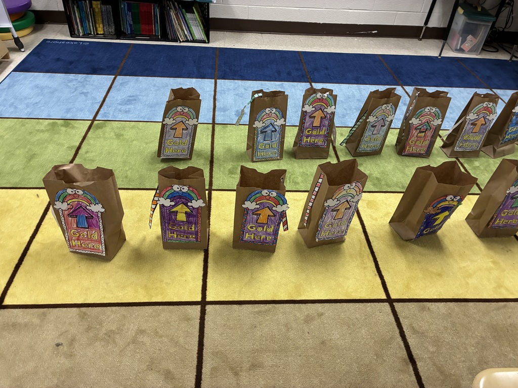 Mrs Sherrys students got creative and built leprechaun traps using paper bags-seen on the rainbow rug 