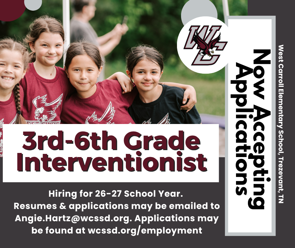 graphic with elementary students advertising for 3rd-6th grade interventionist for 26-27 school year, email angie.hartz@wcssd.org for more information or with your resume