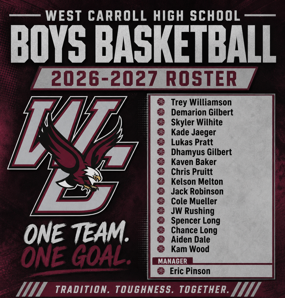 West Carroll High School Boys Basketball 26-27 Roster: Trey Williamson, Demarion Gilbert, Skyler Wilhite, Kade Jaeger, Lukas Pratt, Dhamyus Gilbert, Kaven Baker, Chris Pruitt, Kelson Melton, Jack Robinson, Cole Mueller, JW Rushing, Spencer Long, Chance LOng, Aiden Dale, Kam Wood - manager: Eric Pinson