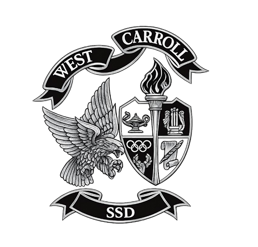 west carroll insignia with eagle, shield with academic and arts emblems with words west carroll ssd