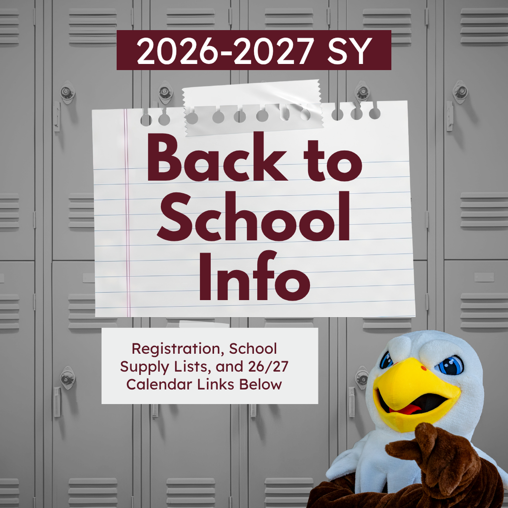 mascot eagle poiting with graphic advising of back to school info linked in captions