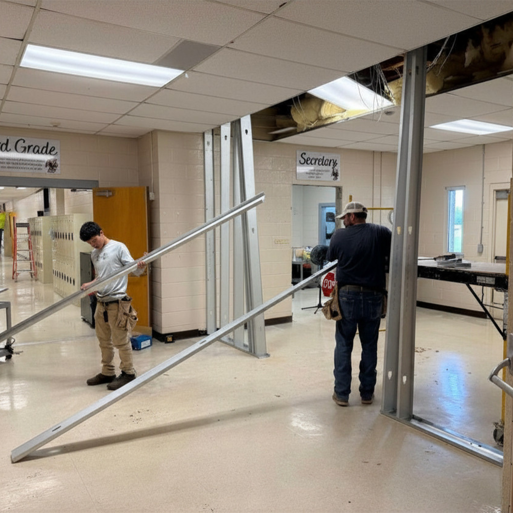 workers inside west carroll elementary school working on the new school's vestibule