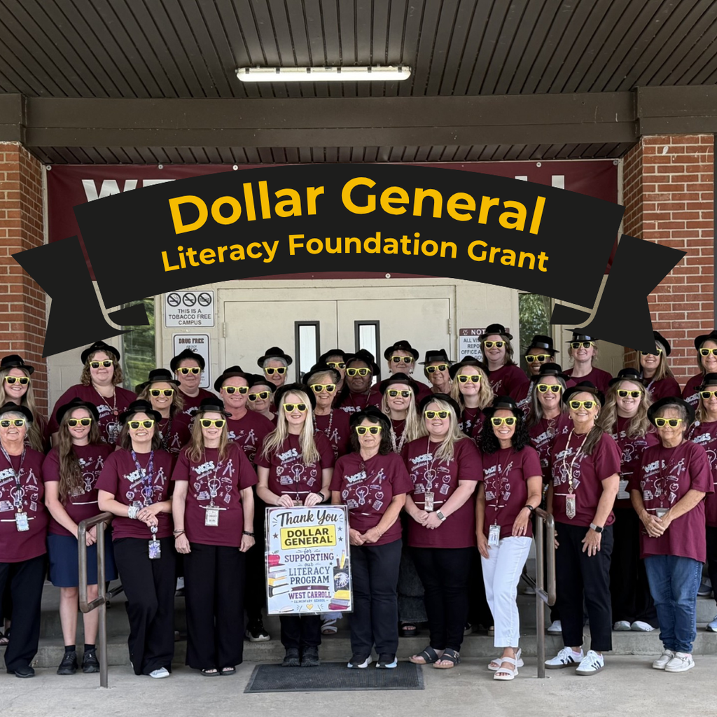 west carroll elementary staff wearing yellow sunglasses outside to show appreciation for the dollar general literacy grant