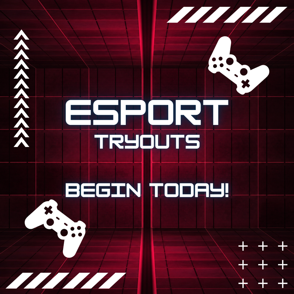maroon background with game controlers and decorative arrows and lines, with the words Esport tryouts begin today