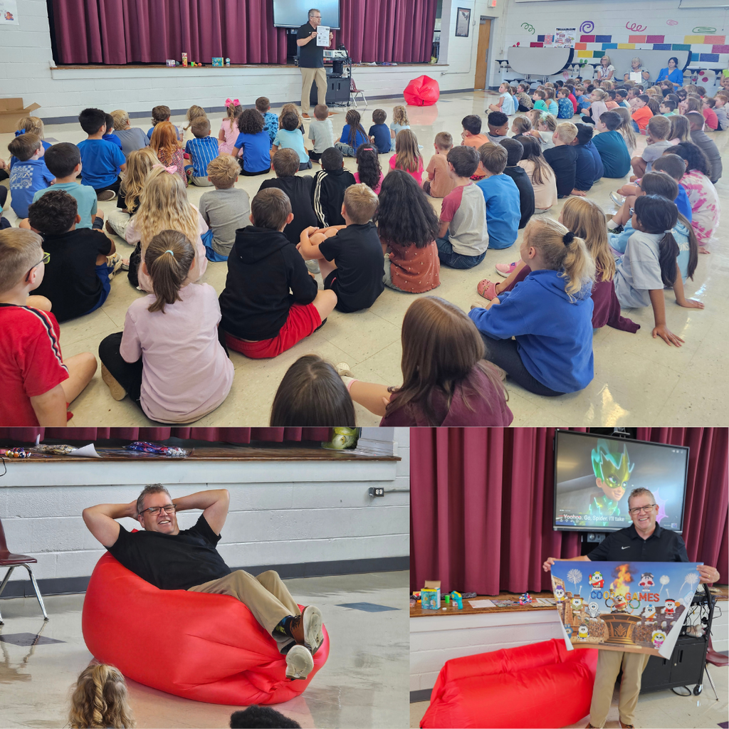 Mr Earl Fundraiser announcedw ith photo of students in gym listening to speaker and speaker posing with a beanbag chari as a prize and prize poster with chickens for lanyards