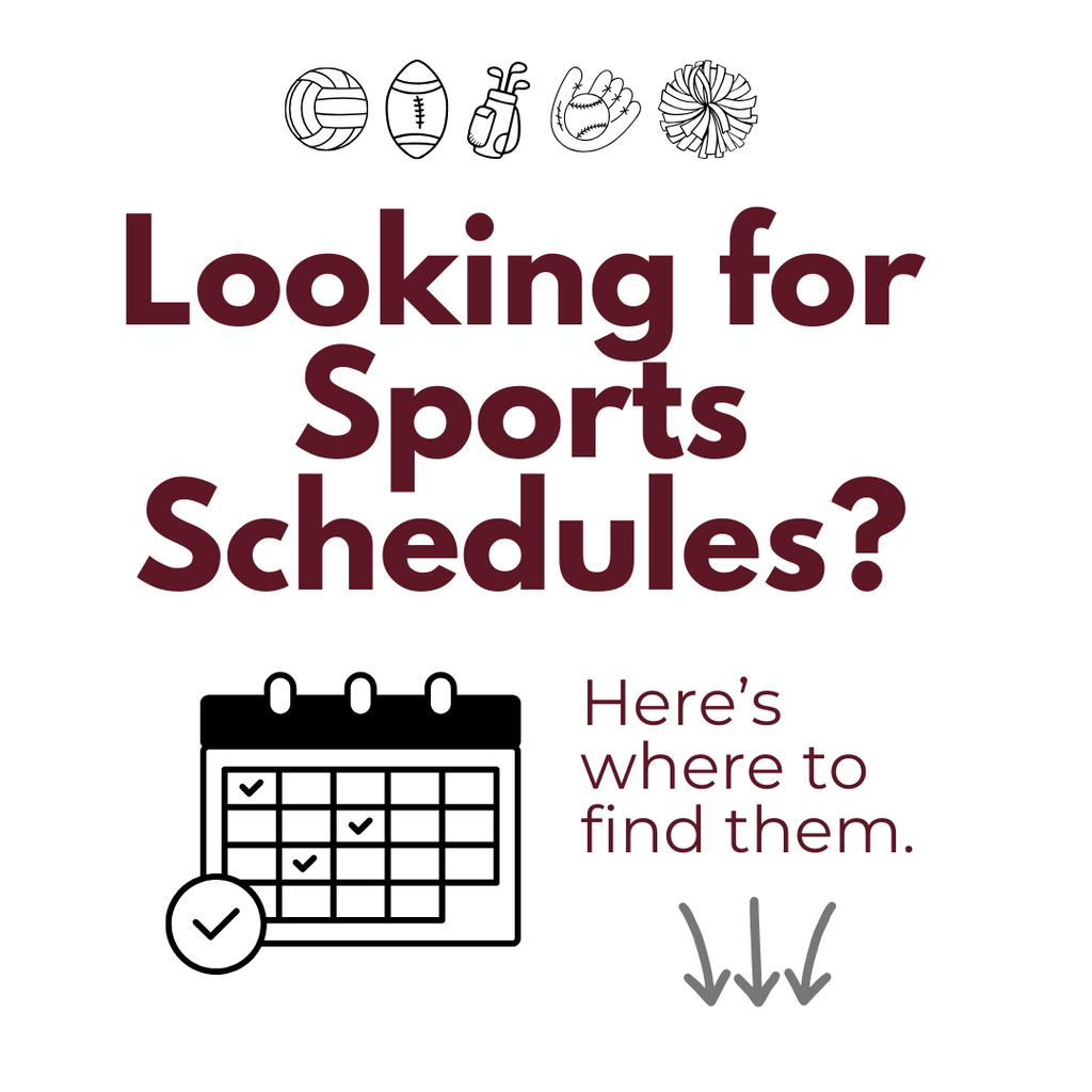 volleyball, football, golf bag, mitt, and poms, Looking for Sports schedules, here's where to find them, arrows pointing to caption