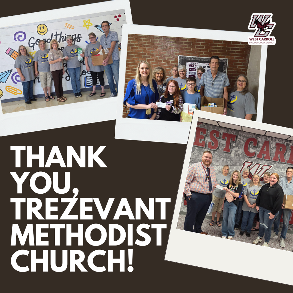 three photos of school employees posing with members of trezevant methodist church presenting money and donations of supplies with school logo in corner