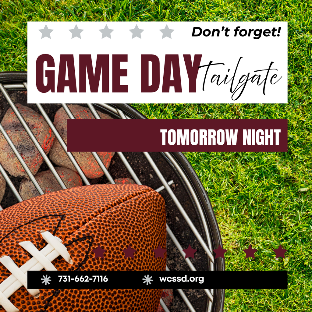 don't forget, game day tailgate, tomorrow night; football sitting on grill on what looks like turf