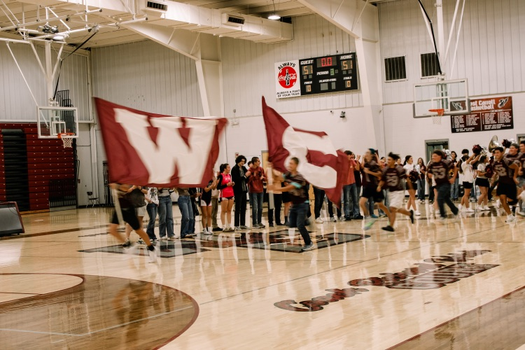 Photos from pep rally featuring cheering student body in the high school gym  