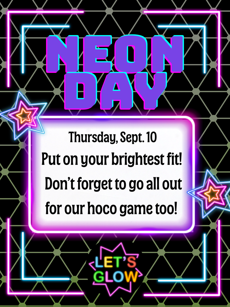 West Carroll Homecoming Neon Day is Thursday, September 10. Students are encouraged to wear their brightest neon outfits and go all out for the Junior High Homecoming game.