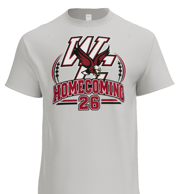 Light grey West Carroll Homecoming 2026 T-shirt featuring a maroon, black, white, and grey design with a flying eagle mascot, large “WC” lettering, football graphics, and “Homecoming 26” across the front.