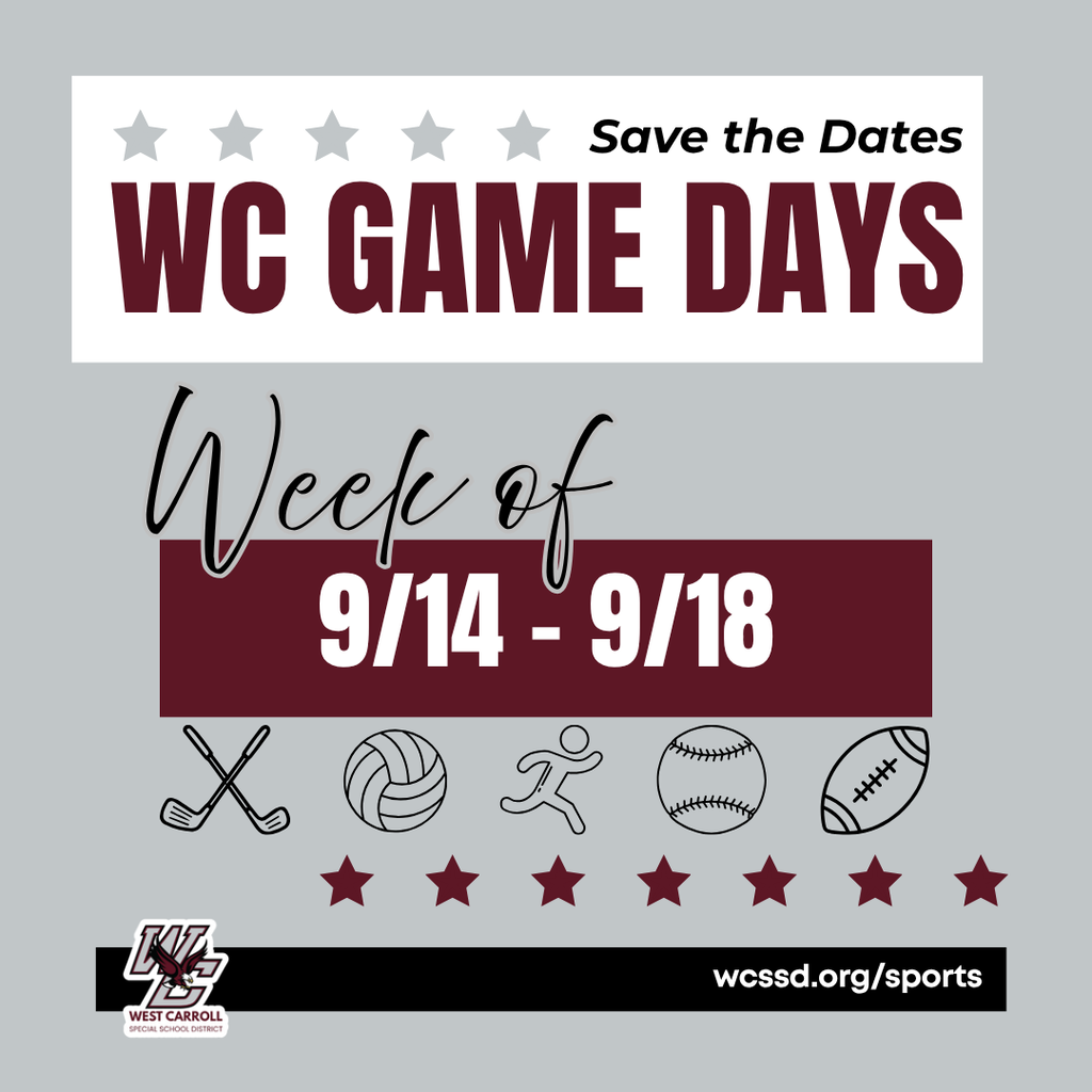 save the dates wc game days week of 9-14 through 9-18 golf volleyball runner softball and football icons with wc logo and website wcssd.org/sports