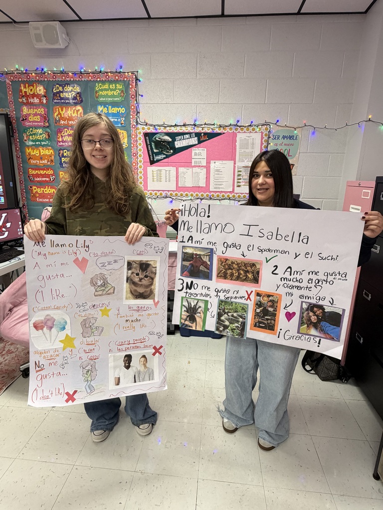 West Carroll Spanish students work on and proudly display colorful poster projects featuring photos, drawings, and Spanish phrases such as “me gusta,” “me gusta mucho,” and “no me gusta.” The projects allow students to creatively demonstrate how to express things they like, really like, and dislike in Spanish.
