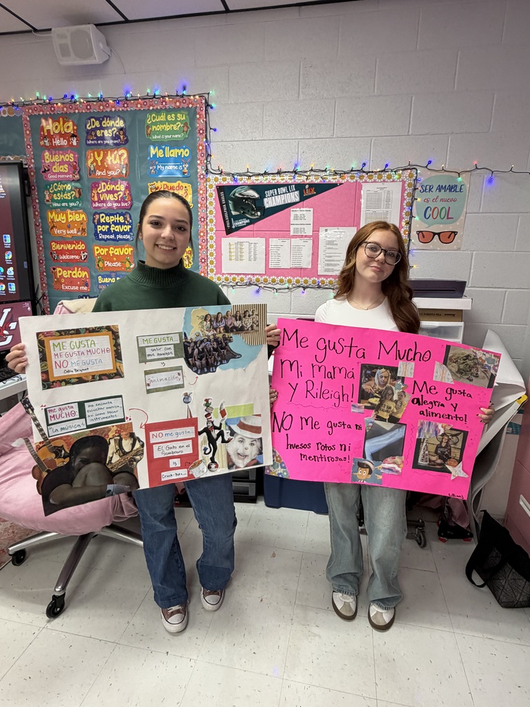 West Carroll Spanish students work on and proudly display colorful poster projects featuring photos, drawings, and Spanish phrases such as “me gusta,” “me gusta mucho,” and “no me gusta.” The projects allow students to creatively demonstrate how to express things they like, really like, and dislike in Spanish.